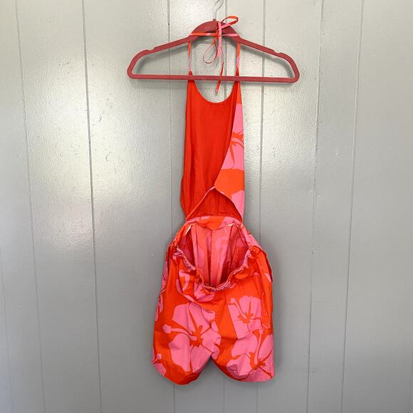 Staud Red Tropical Print Georgia Open Back Halter Summer Beach Romper 2 - Picture 3 of 8